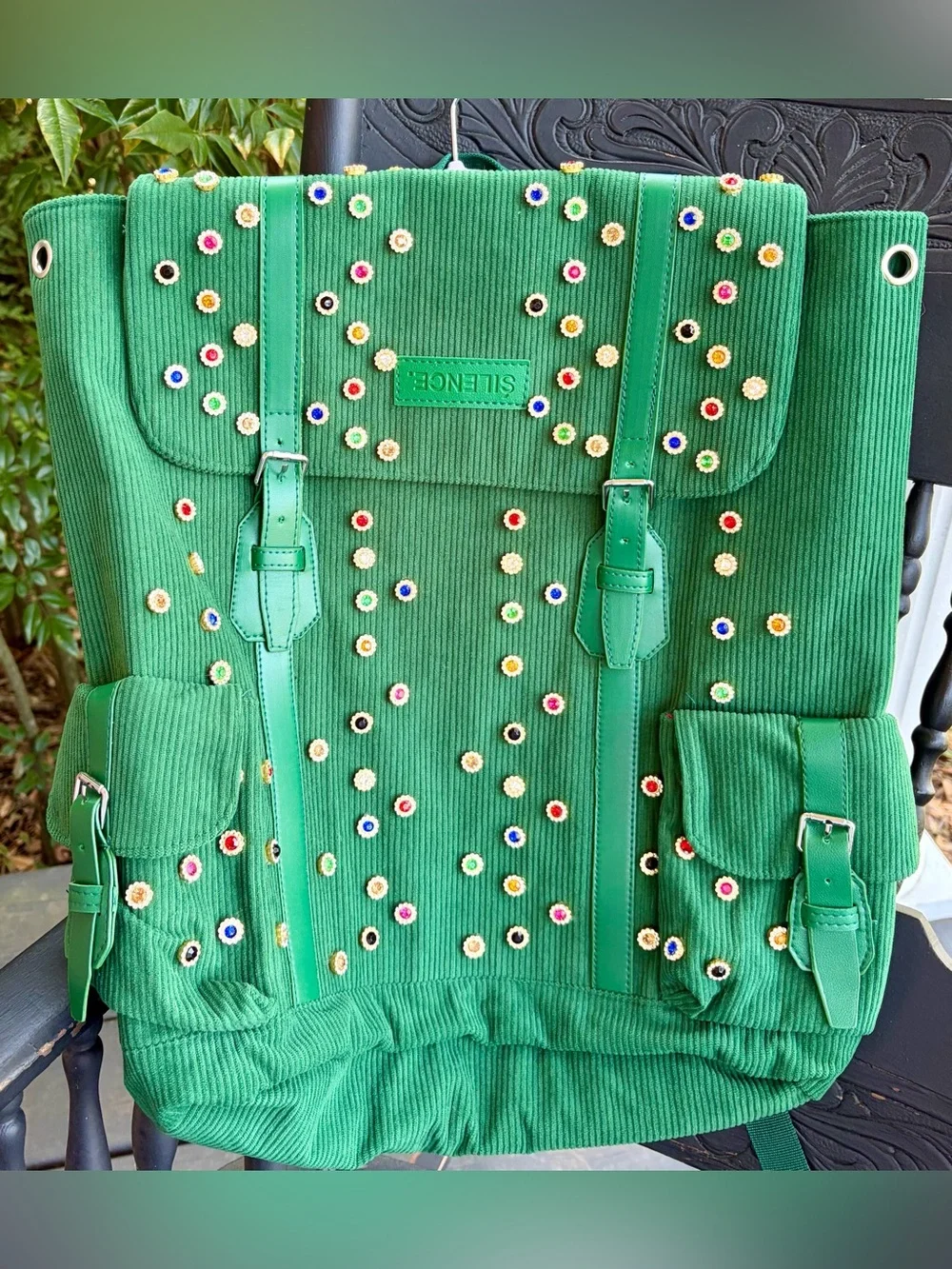 NWOT SILENCE + NOISE Green Corduroy Gemmed Embellished Backpack 18” W x 21” H